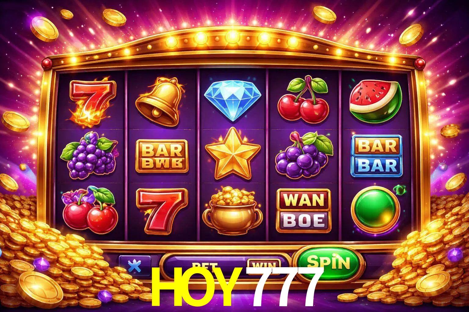 Una interfaz colorida de tragamonedas en línea con símbolos brillantes, monedas y un efecto de victoria celebratoria en HOY777.